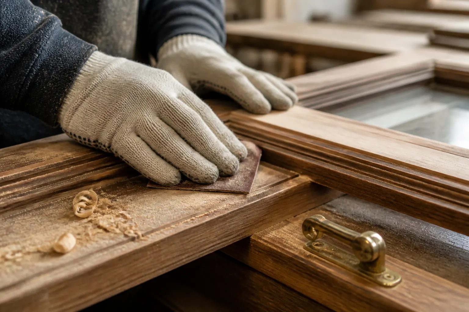 Ein Holzprofil wird von Hand angeschliffen
