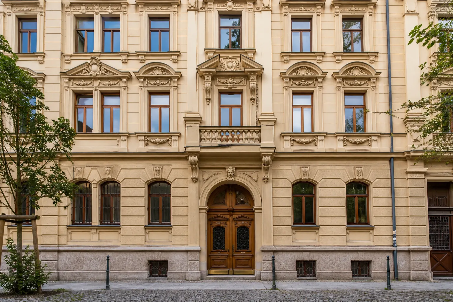 Altbaufassade mit Sprossenfenstern