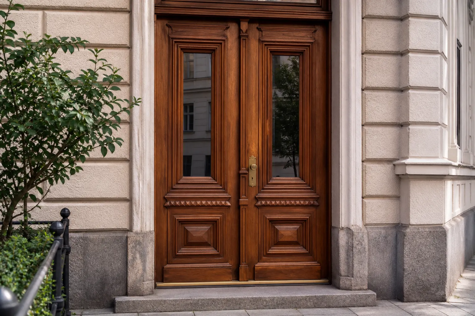 Zweiflügelige Holzhaustür an einer Altbaufassade