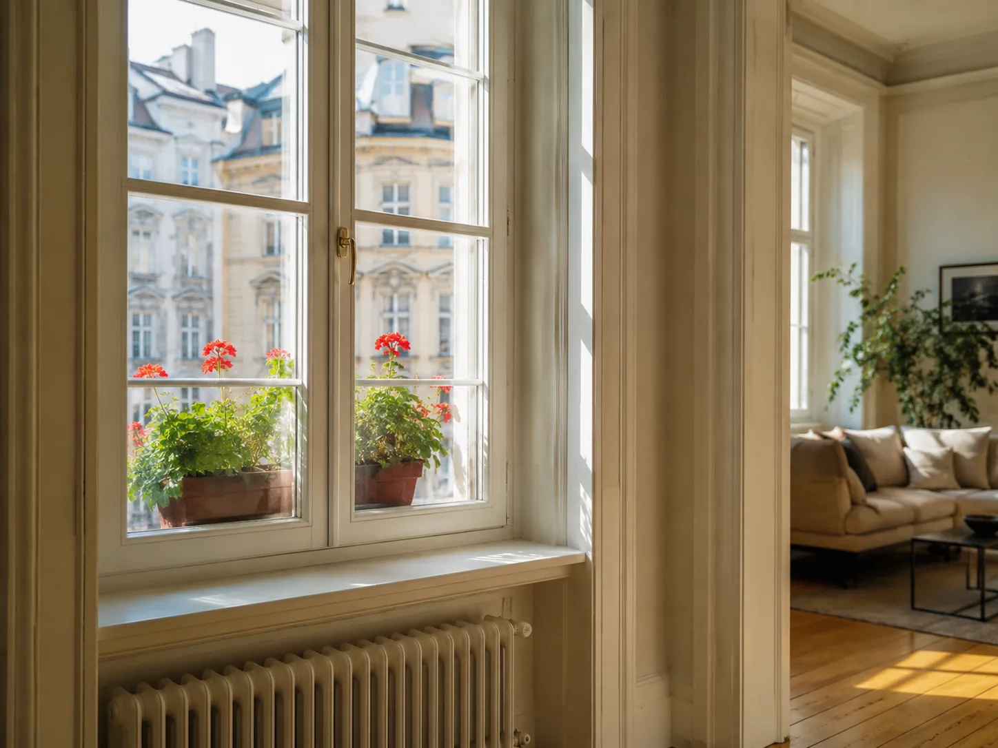 Renovierte weiße Holzfenster in einer hellen Münchner Altbauwohnung mit Geranien