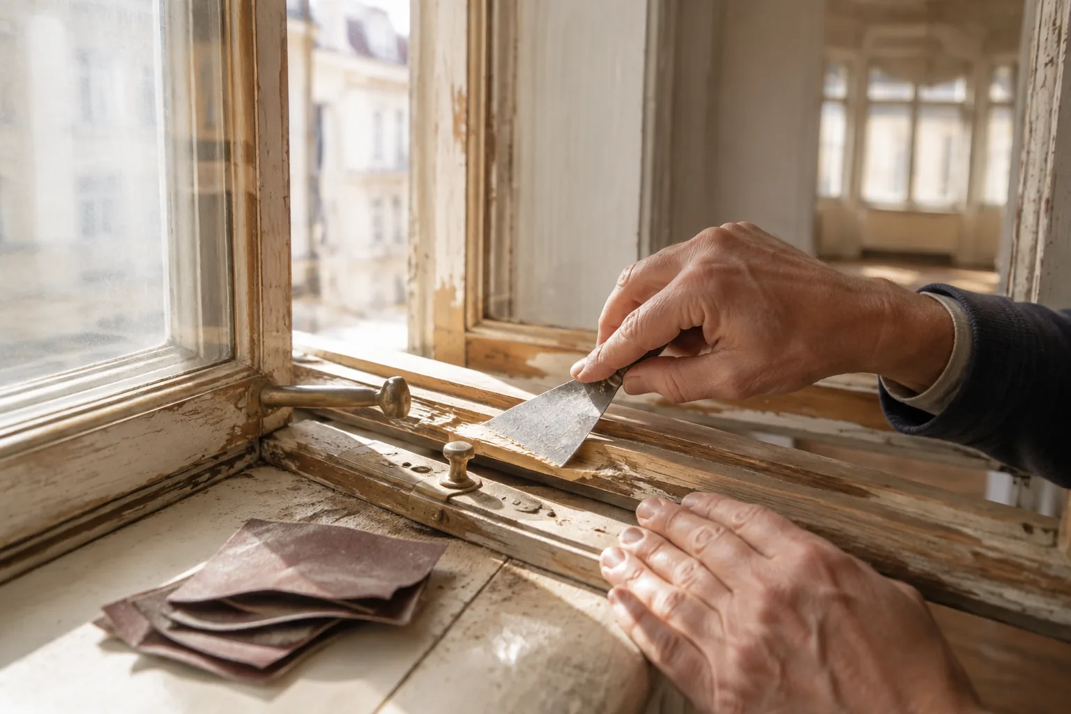 Renovierung eines alten Holzfensters in München: Ablösen von altem Lack und Kitt am Flügel